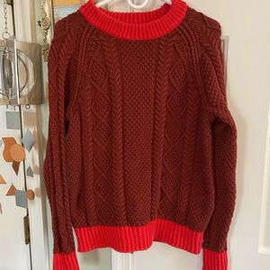 LL Bean Signature Red Cotton Fisherman Cable Chunky Knit Sweater Pullover LARGE